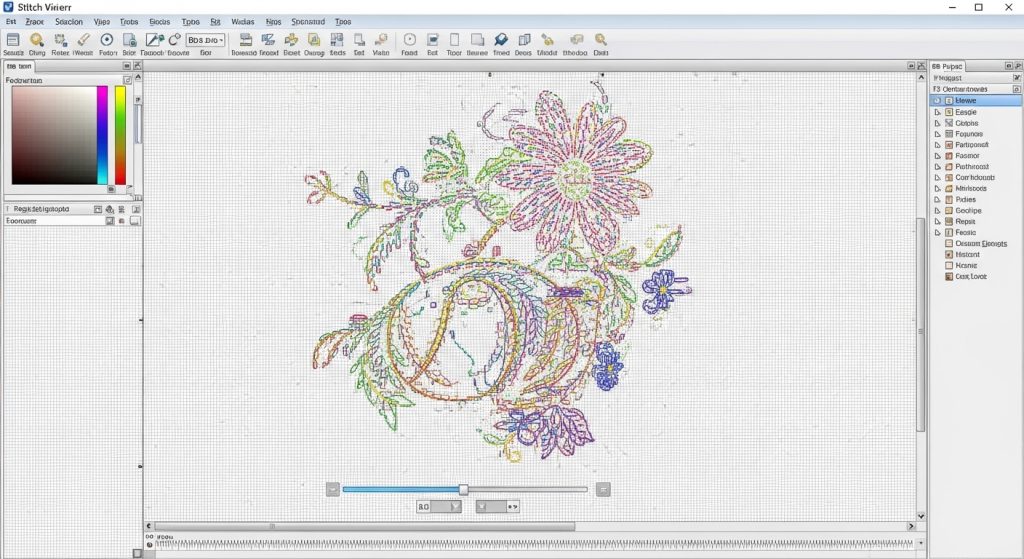 Embroidery digitizing software screenshot showing stitch viewer mode with visible jump stitch paths highlighted in embroidery file