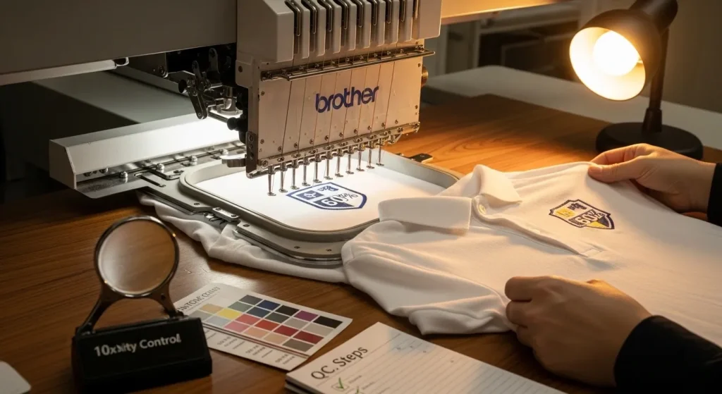 embroidery machine test sew with quality control inspection for stitch direction accuracy