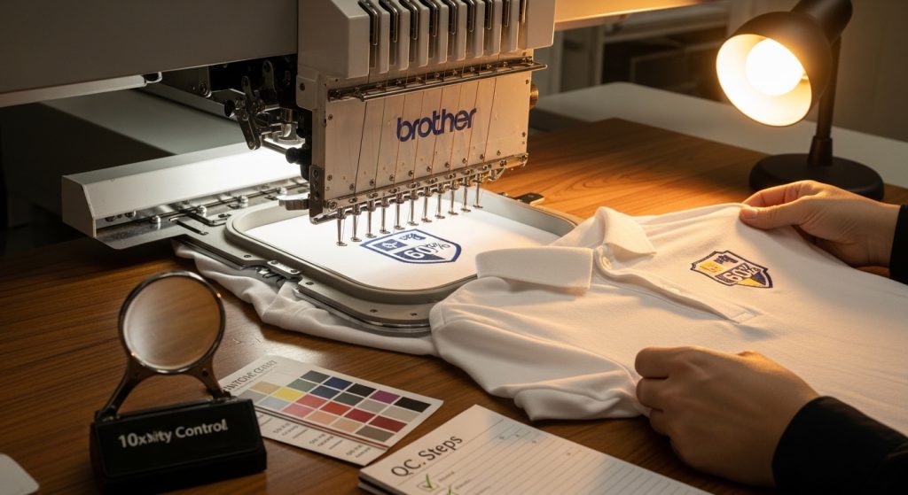 embroidery machine test sew with quality control inspection for stitch direction accuracy