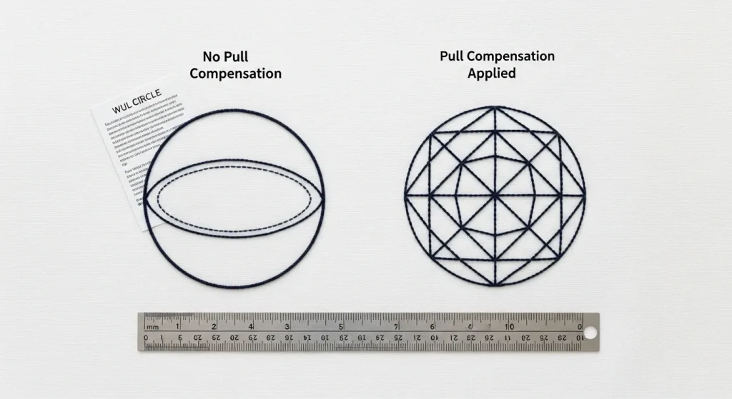 embroidery pull compensation example showing distorted vs perfect circle shape