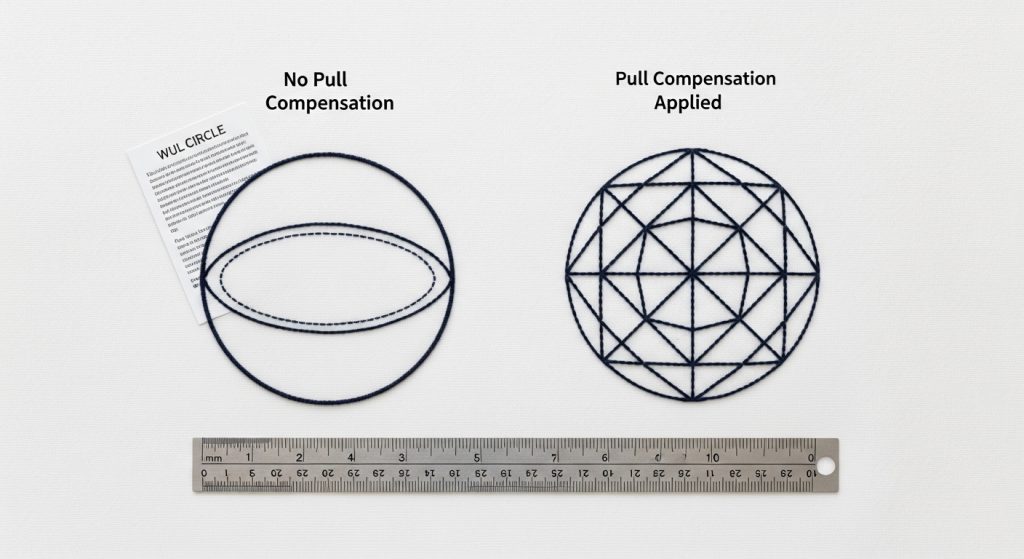 embroidery pull compensation example showing circle with and without correction