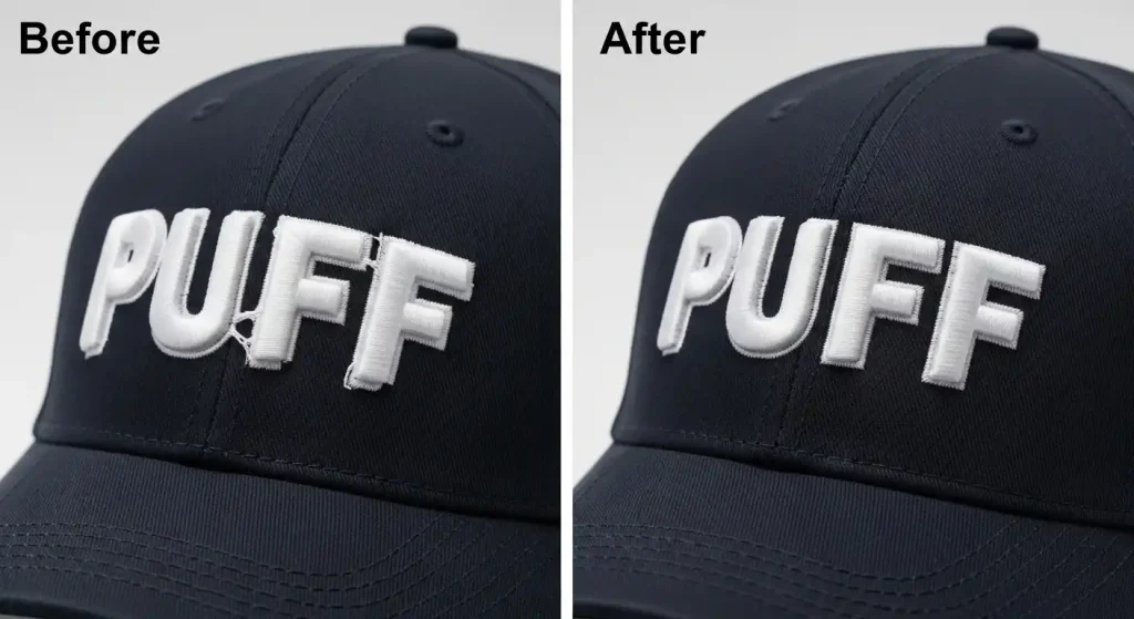 Before and after comparison showing 3D puff embroidery without color stops versus professionally digitized design with proper stops and foam coverage