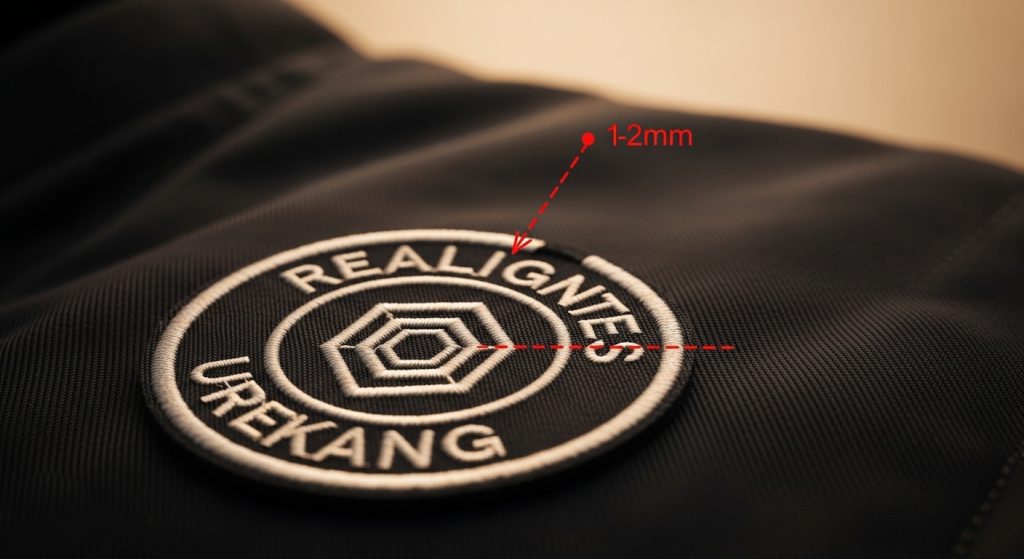 embroidered logo patch with misalignment and puckering from wrong stitch direction