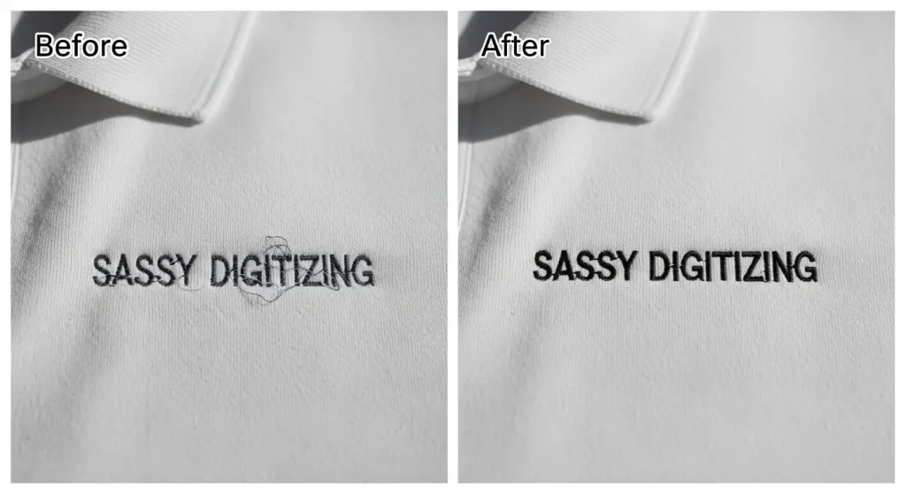 Before and after of embroidered text on polo shirt from messy to professional