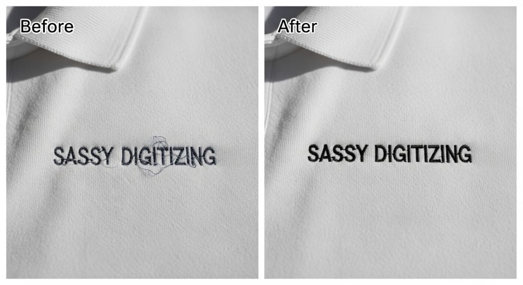 Dramatic before and after comparison of embroidered text SASSY DIGITIZING on polo shirt showing transformation from messy to professional
