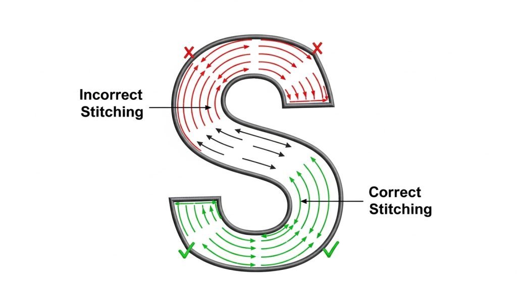 Diagram comparing wrong parallel stitch direction with gaps versus correct 45-degree angle stitches with tight coverage