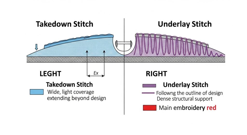 Technical diagram illustrating the difference between takedown stitch and underlay stitch in embroidery digitizing