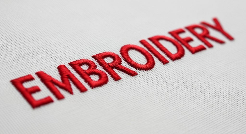 Macro photograph of small embroidered letters using running stitch outline technique for clean definition on white fabric