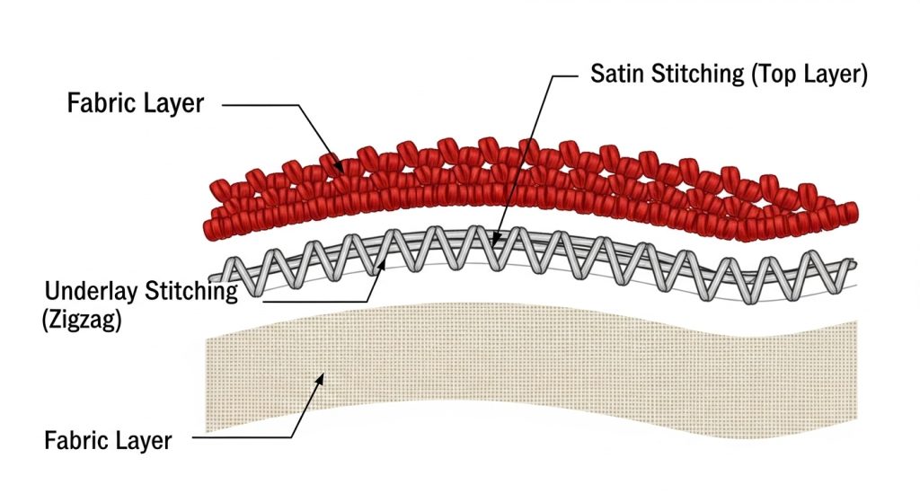 Diagram showing embroidery underlay stitches running perpendicular to top stitches preventing fabric show-through