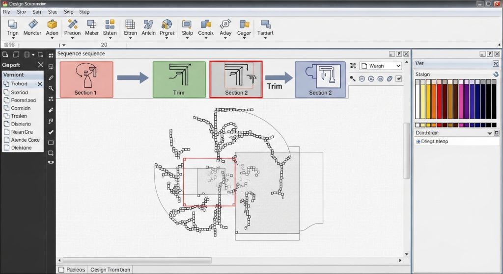 Digitizing software screenshot showing trim command insertion between embroidery sections to eliminate visible jump stitches