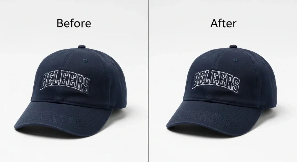 Before and after fix of embroidery logo and wording slightly off on navy cap