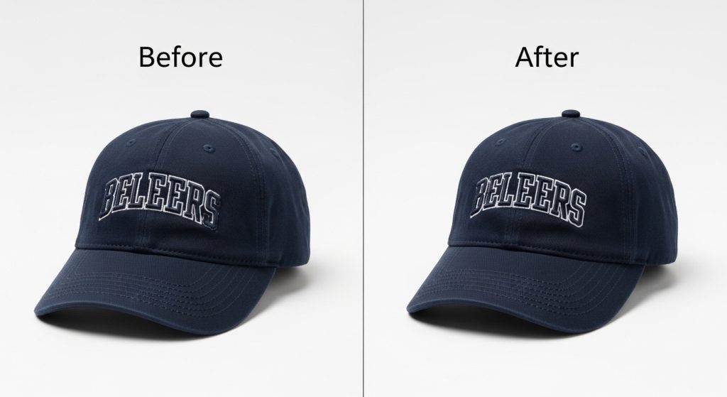 Before and after fix of embroidery logo and wording slightly off on navy cap
