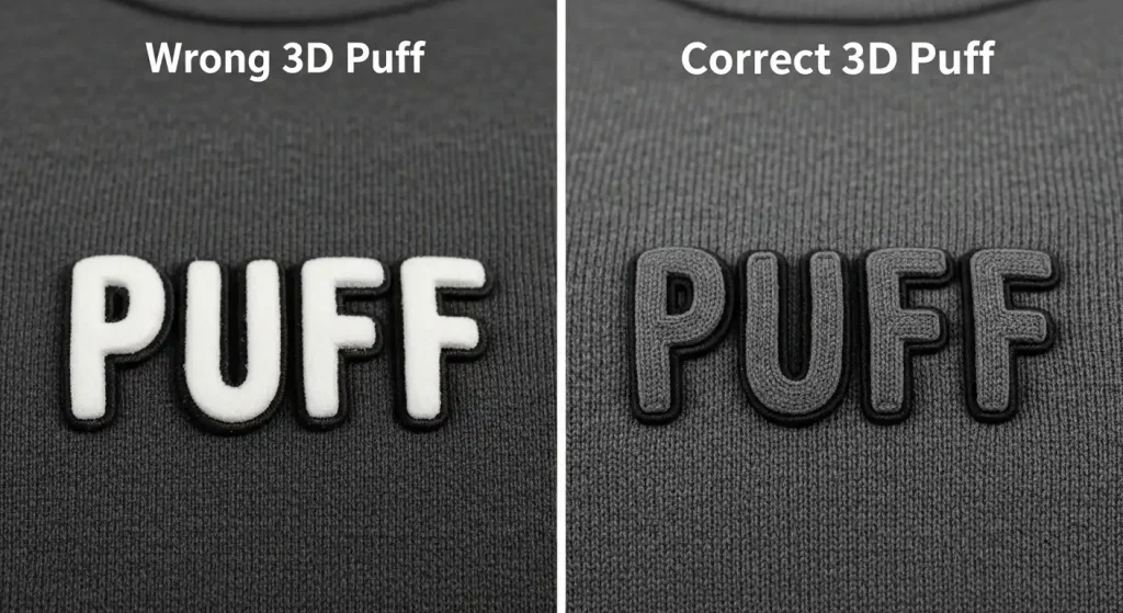 Comparison of 3D puff embroidery with missing stops showing exposed foam versus correct digitizing with proper color stops and sealed foam