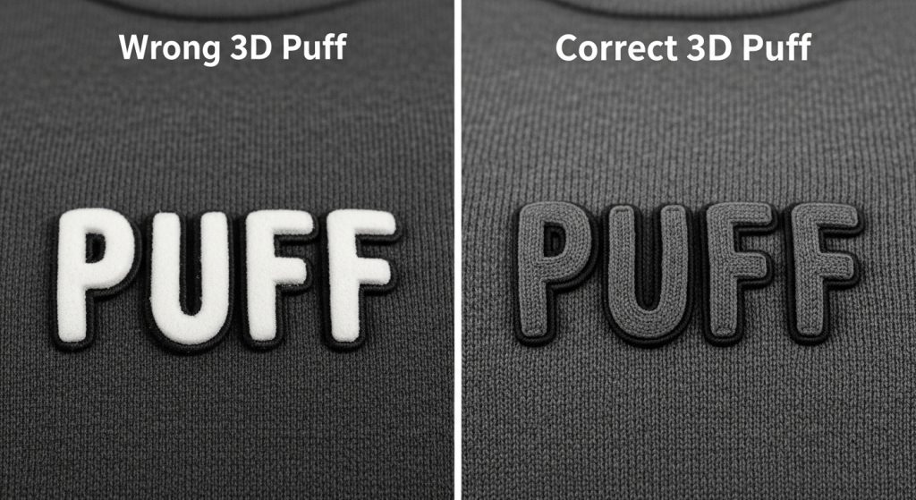 Comparison of 3D puff embroidery with missing stops showing exposed foam versus correct digitizing with proper color stops and sealed foam