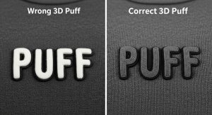 Comparison of 3D puff embroidery with missing stops showing exposed foam versus correct digitizing with proper color stops and sealed foam