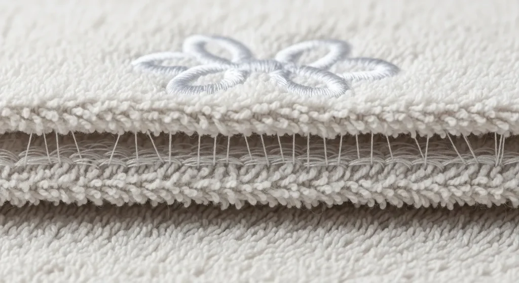 Macro close-up of three embroidery stitch layers on terry cloth fabric showing base fabric, takedown stitch, and top embroidery