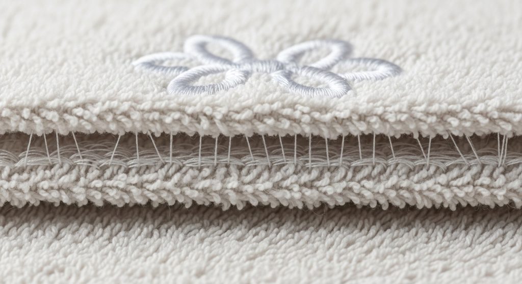 Macro close-up of three embroidery stitch layers on terry cloth fabric showing base fabric, takedown stitch, and top embroidery