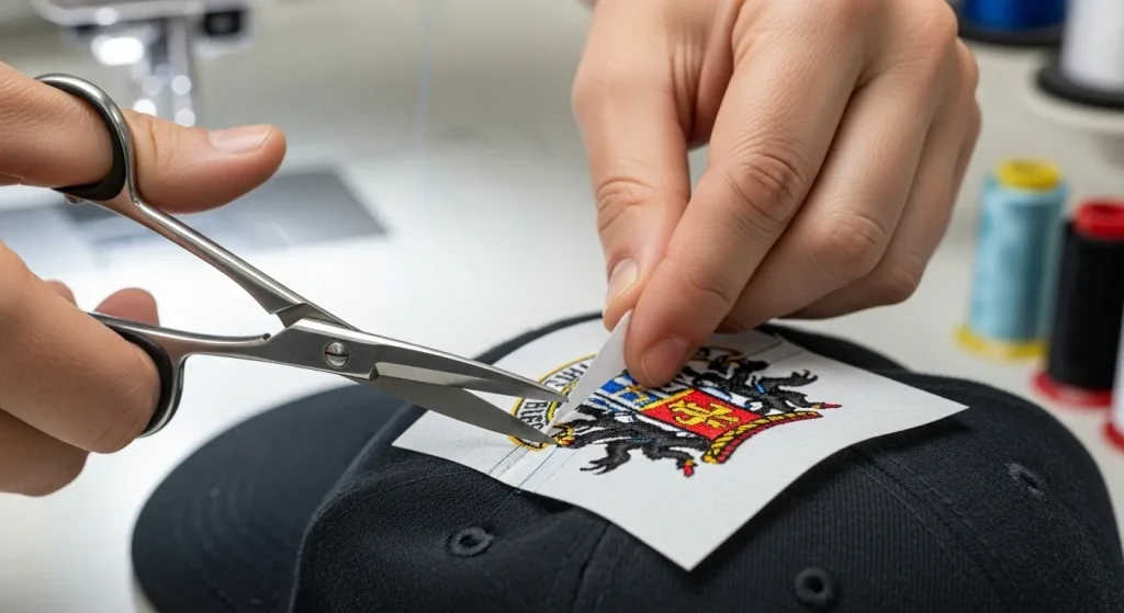 Proper technique for trimming cutaway stabilizer backing from embroidered cap