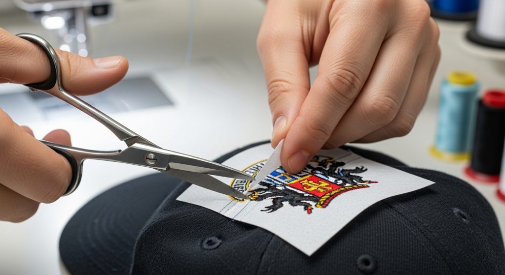 Proper technique for trimming cutaway stabilizer backing from embroidered cap