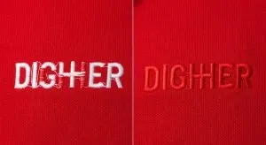 Before and after comparison of embroidery showing fabric color peeking through gaps versus proper stitch density with full coverage