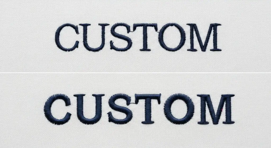 Embroidered text showing cramped spacing versus proper letter spacing for readability