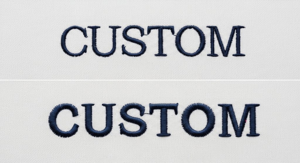 Comparison of embroidered text CUSTOM showing cramped letter spacing versus proper spacing for clean, readable embroidery