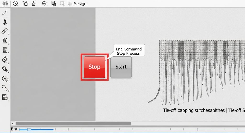 Digitizing software interface showing stop command added after 3D puff capping stitches before border or detail work