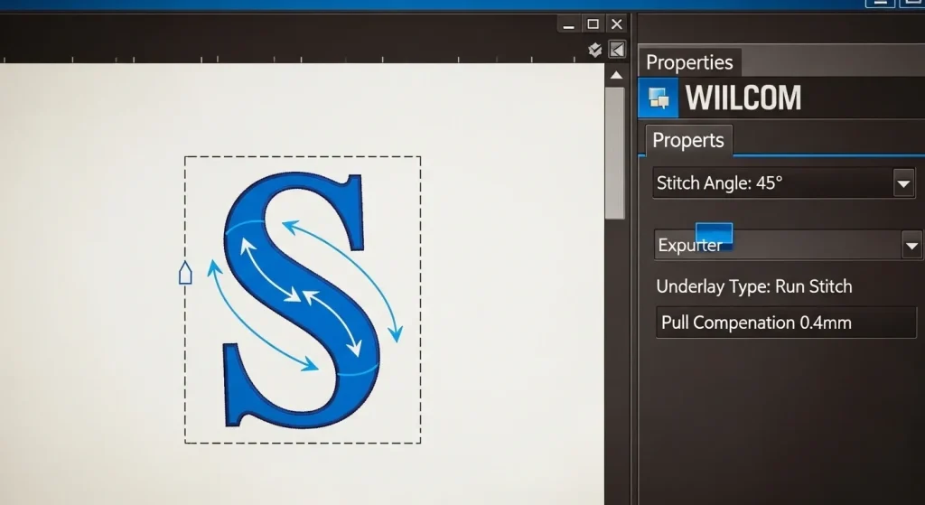 Wilcom embroidery software showing stitch angle settings for curved letter S
