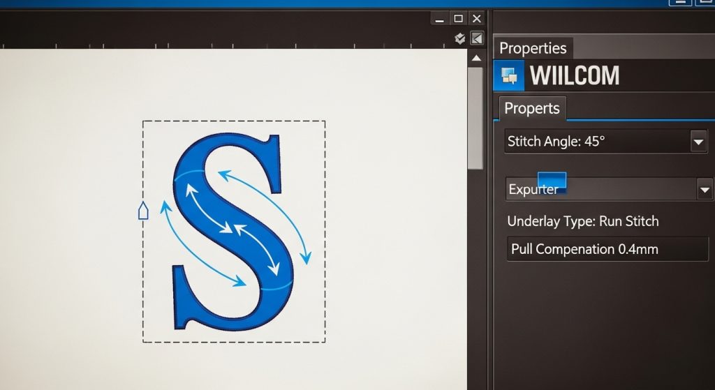 Wilcom embroidery software showing stitch angle settings for individual design elements