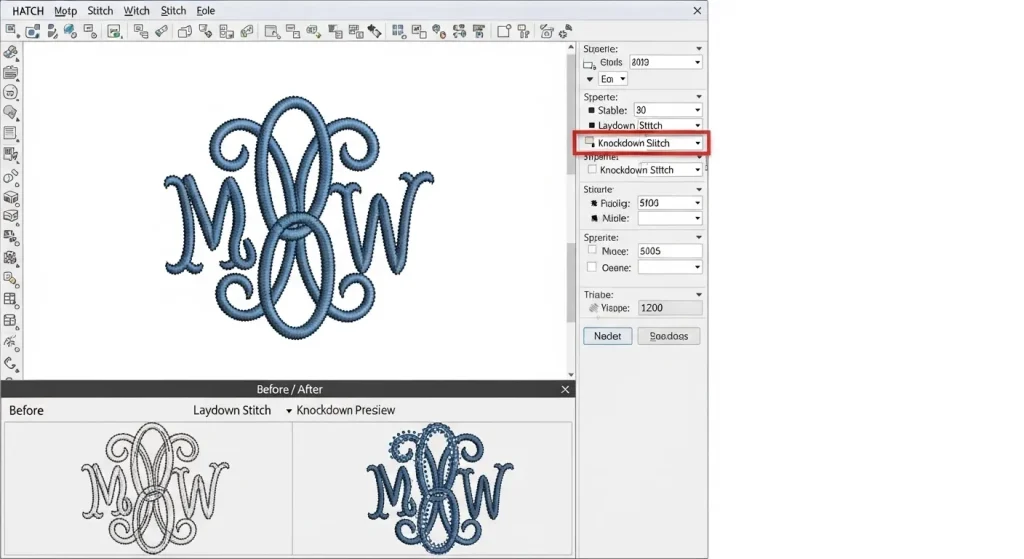 Embroidery digitizing software interface showing knockdown stitch feature being applied to a monogram design