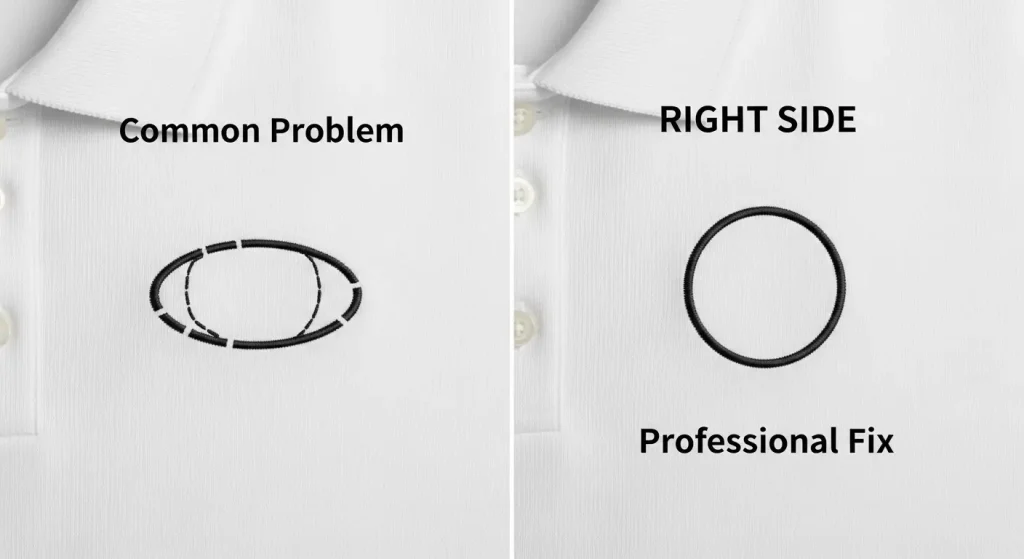 comparison of oval distorted embroidery circle versus perfectly round professional embroidery