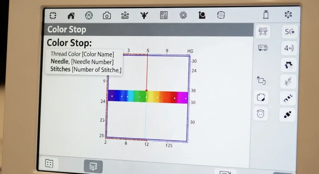 Embroidery machine display showing color stop command between foam underlay and satin capping stitches in 3D puff digitizing