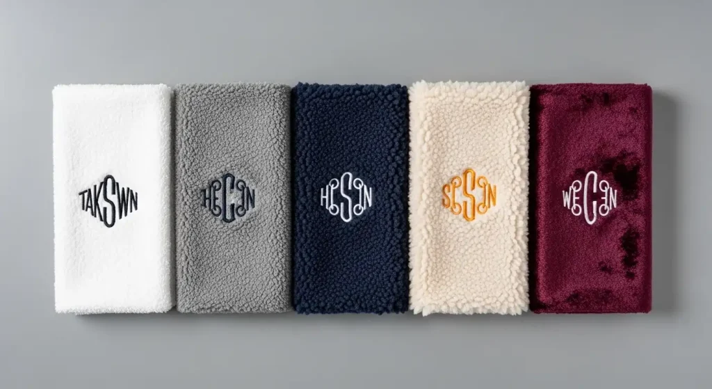 Five textured fabric samples showing embroidery with and without takedown stitch on towel, fleece, chenille, sherpa and velvet