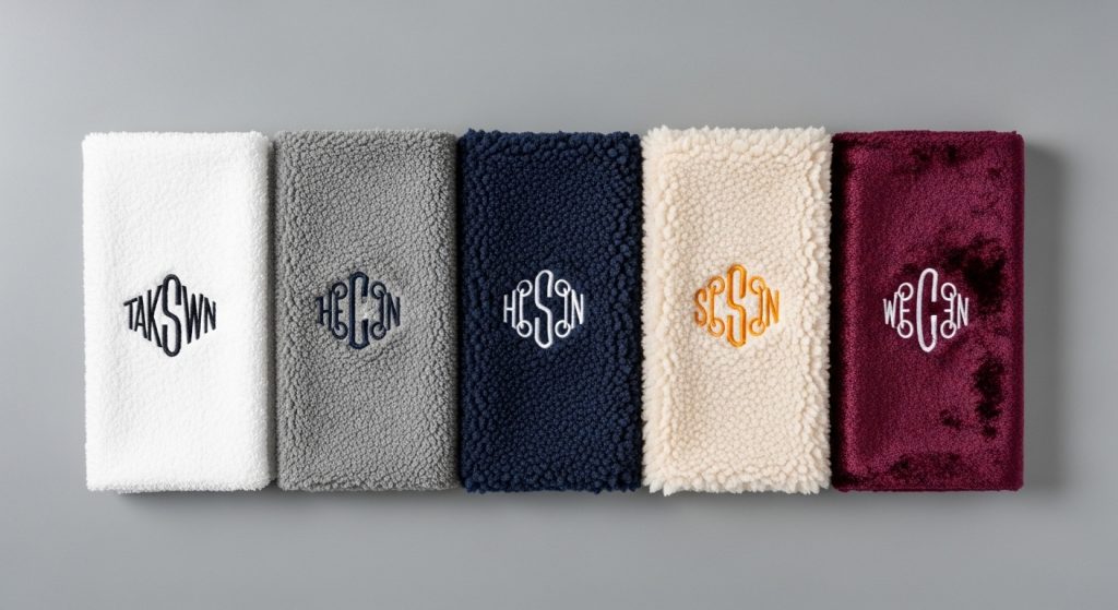 Five textured fabric samples showing embroidery with and without takedown stitch on towel, fleece, chenille, sherpa and velvet