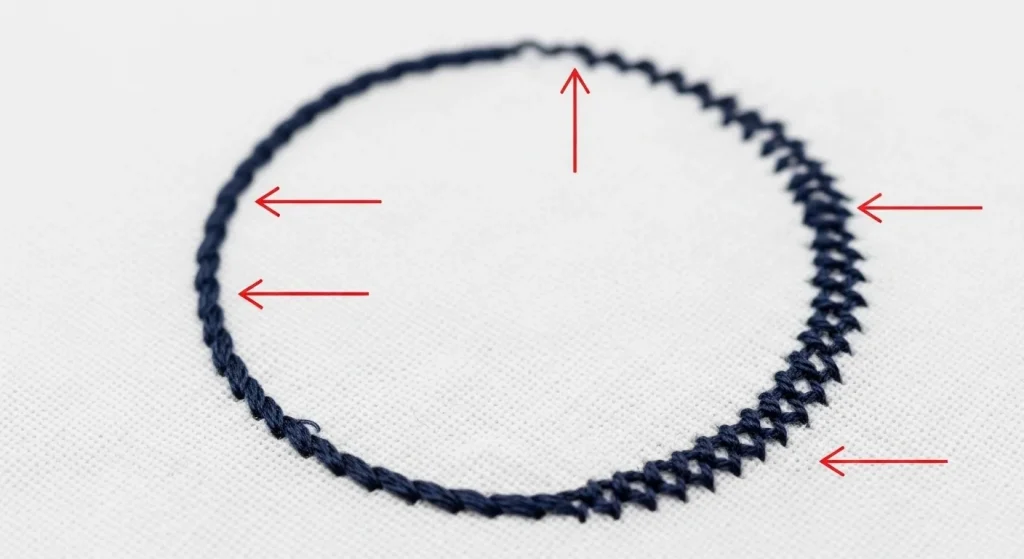 Close-up showing gaps and oval distortion in circle embroidery with marked problem areas