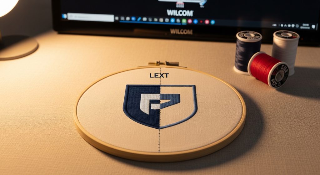 embroidery hoop showing correct and incorrect stitch direction in embroidery with misaligned logo