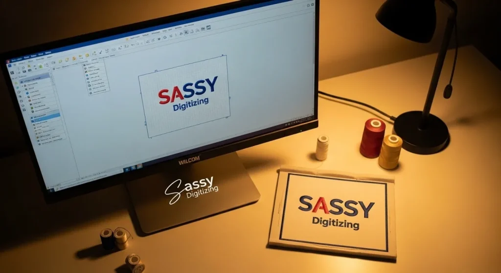 Embroidery digitizer fixing logo alignment in Wilcom software at Sassy Digitizing
