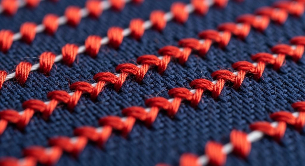 Close-up macro photo of embroidery showing fabric color visible through thread gaps due to low stitch density