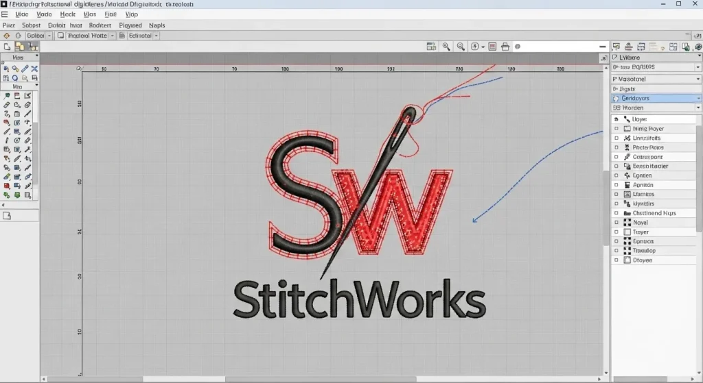 Embroidery software showing unwanted background stitches highlighted in red