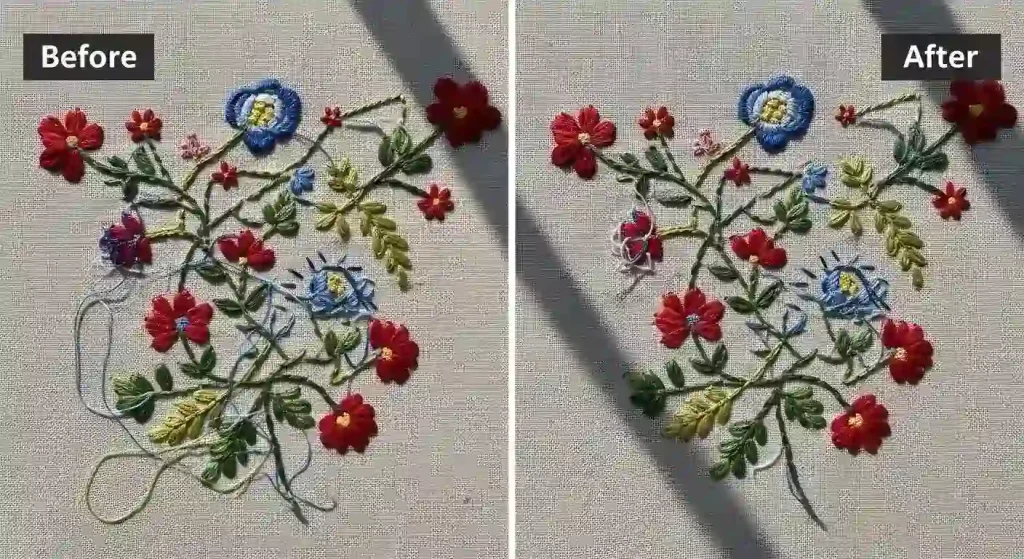 Final before and after comparison of embroidery file editing showing messy jump stitches eliminated versus professional clean result