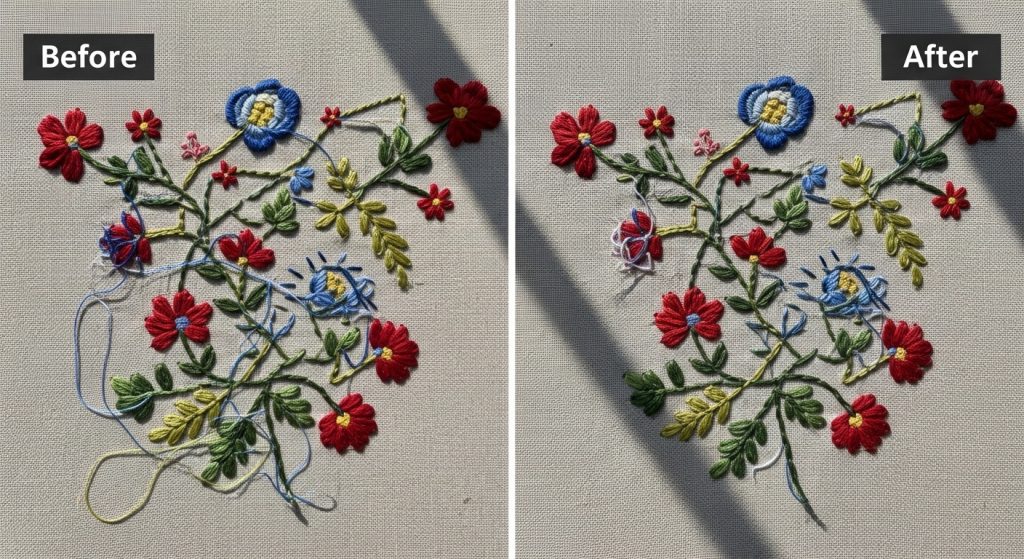Final before and after comparison of embroidery file editing showing messy jump stitches eliminated versus professional clean result