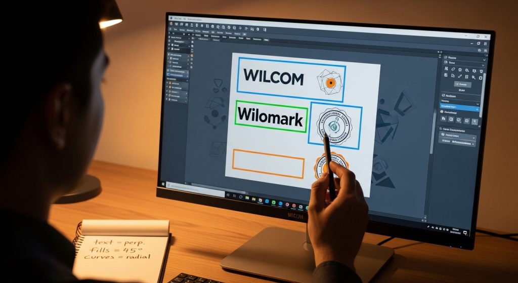embroidery digitizer analyzing logo design structure for stitch direction in Wilcom software