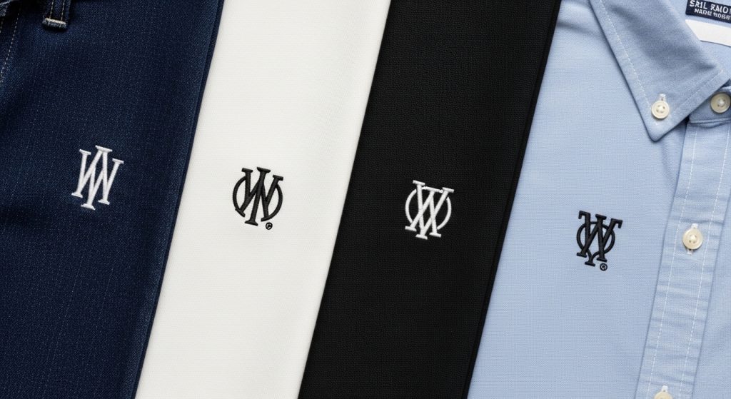 Four smooth fabric samples with clean embroidery on denim, cotton twill, canvas and oxford cloth without needing takedown stitch
