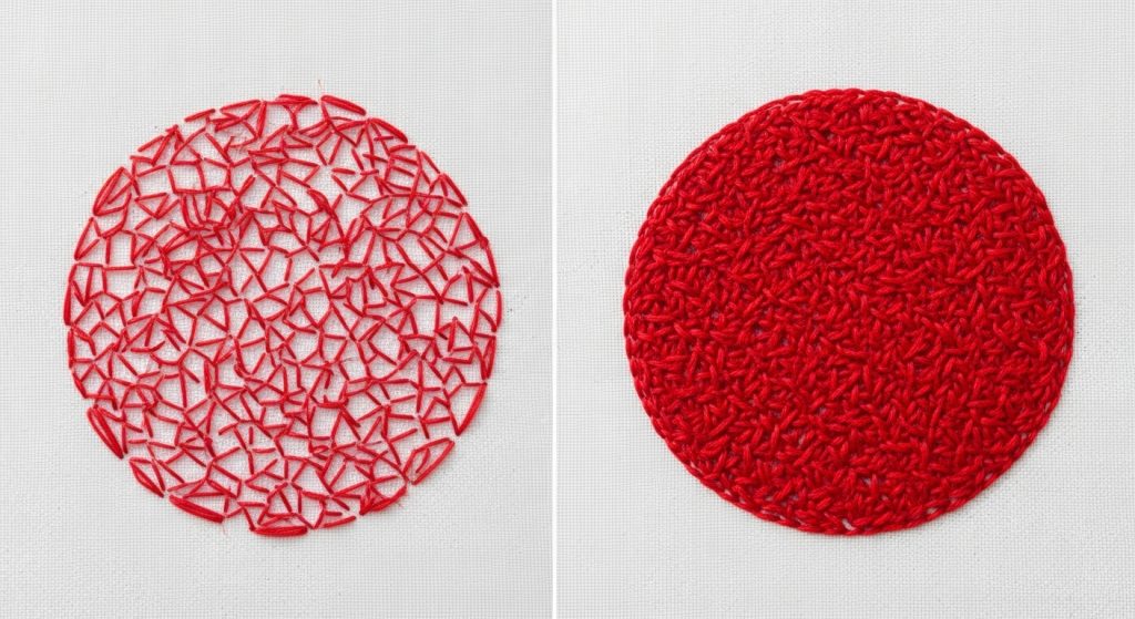 Embroidery digitizing software screenshot showing stitch density adjustment settings from low to optimal coverage