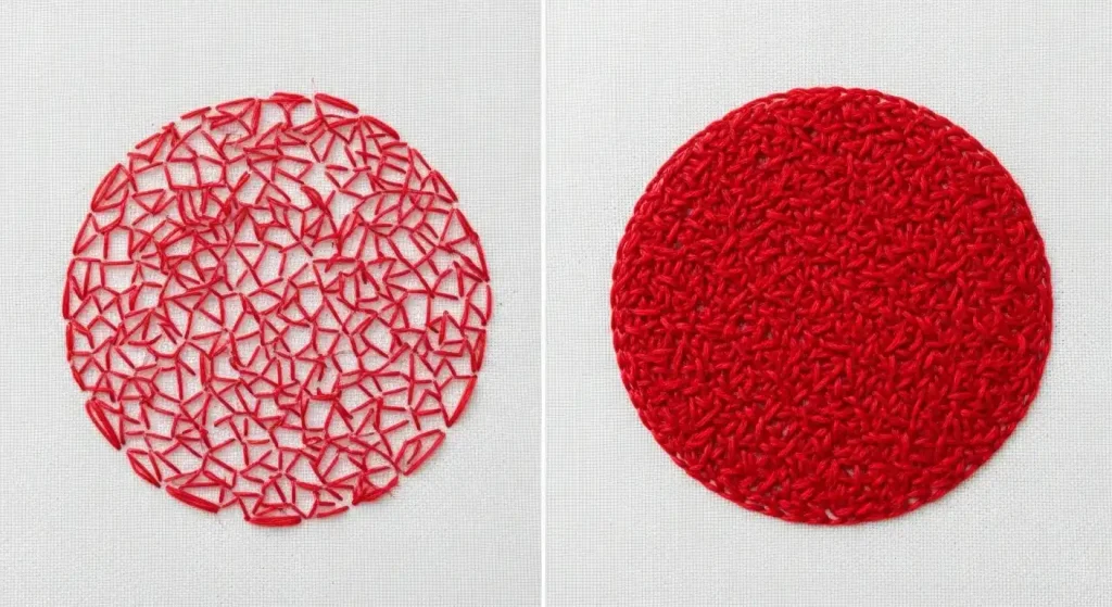 Embroidery digitizing software screenshot showing stitch density adjustment settings from low to optimal coverage