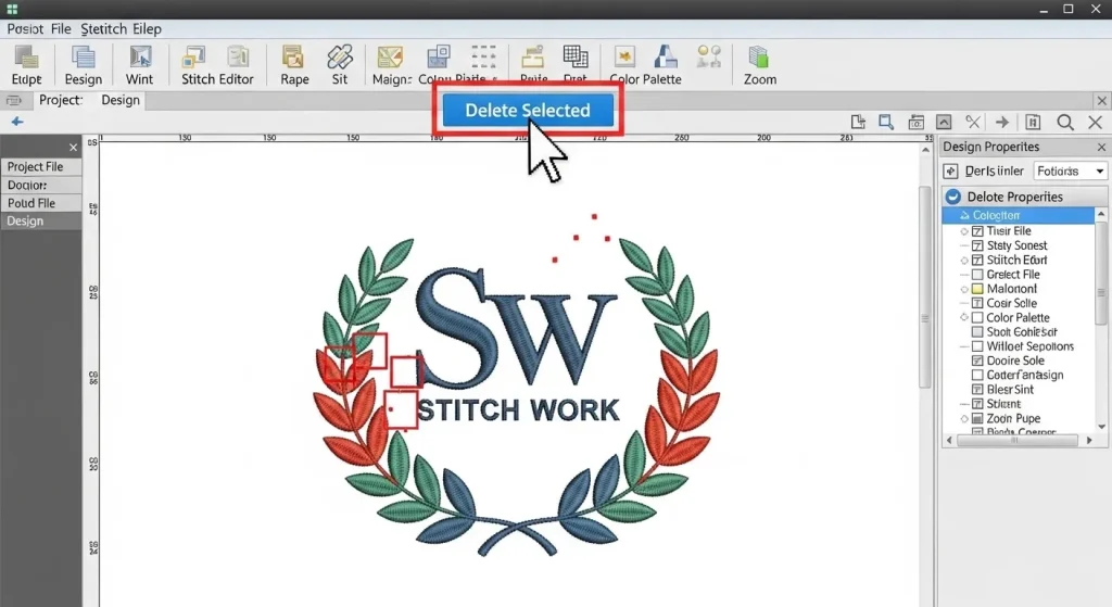 Embroidery software interface showing deletion of unwanted background stitches