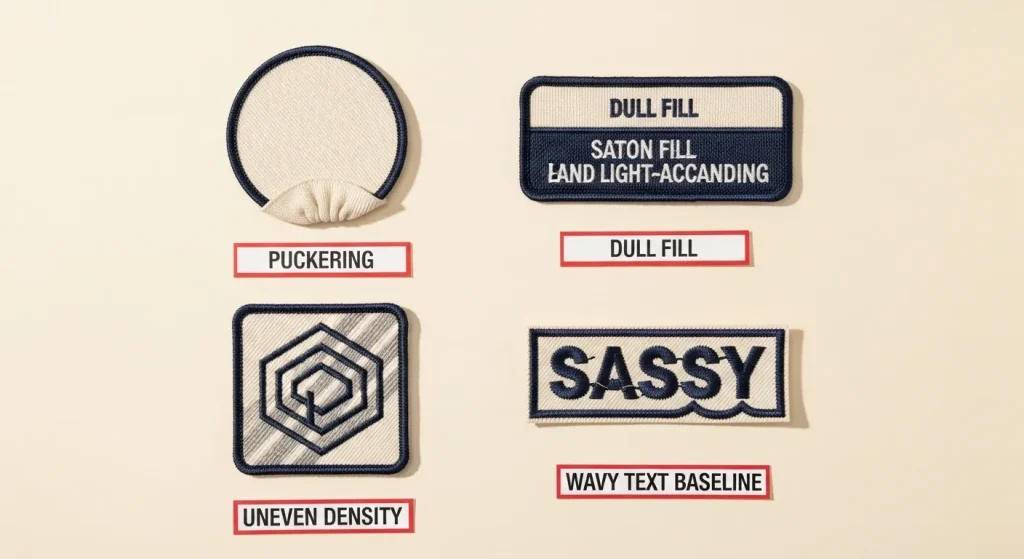 common embroidery stitch direction mistakes showing puckering dull fill uneven density wavy text