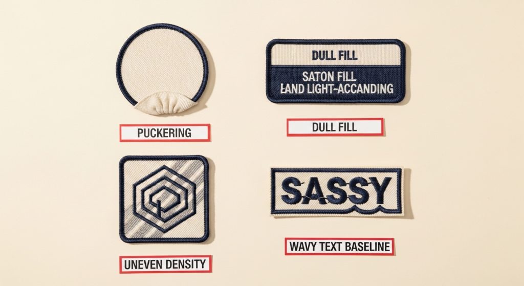 common embroidery stitch direction mistakes showing puckering dull fill uneven density wavy text