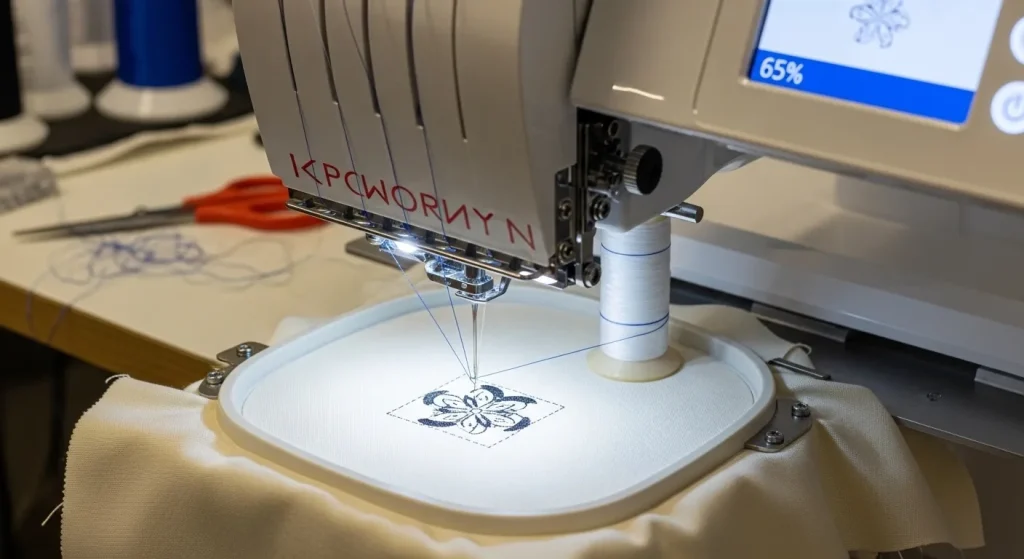 Embroidery machine running test stitch-out of edited file on sample fabric to verify jump stitches are eliminated