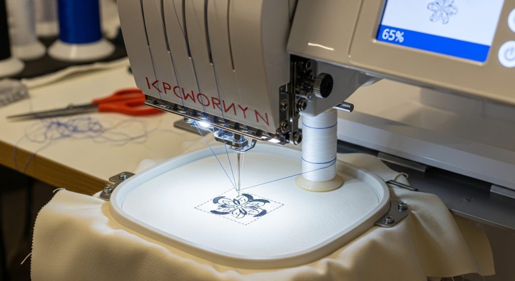 Embroidery machine running test stitch-out of edited file on sample fabric to verify jump stitches are eliminated